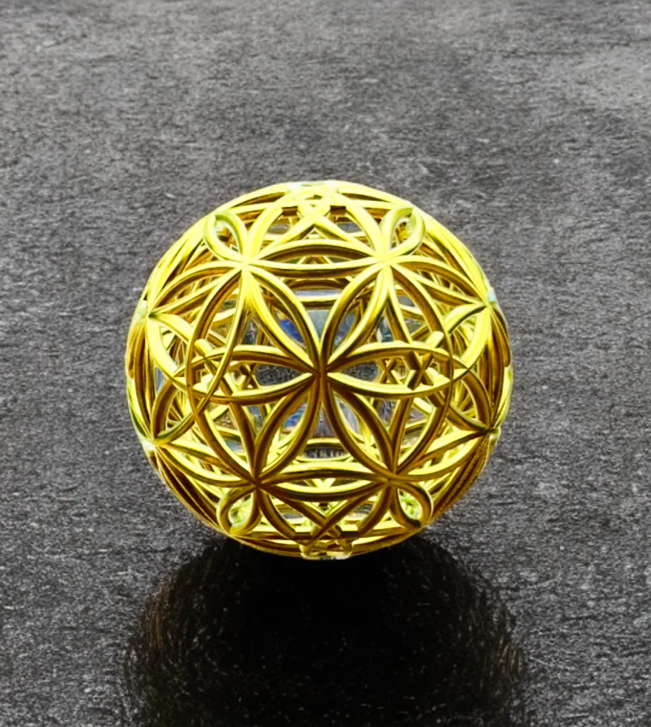Close view of the Flowers of Life Sphyr's overlapping circle pattern in gold