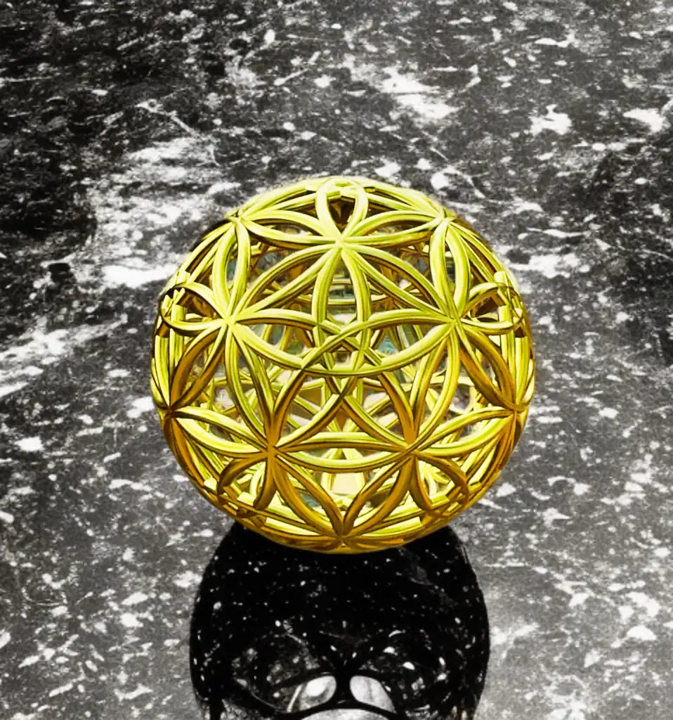 Flowers of Life Sphyr gold sphere on black marble