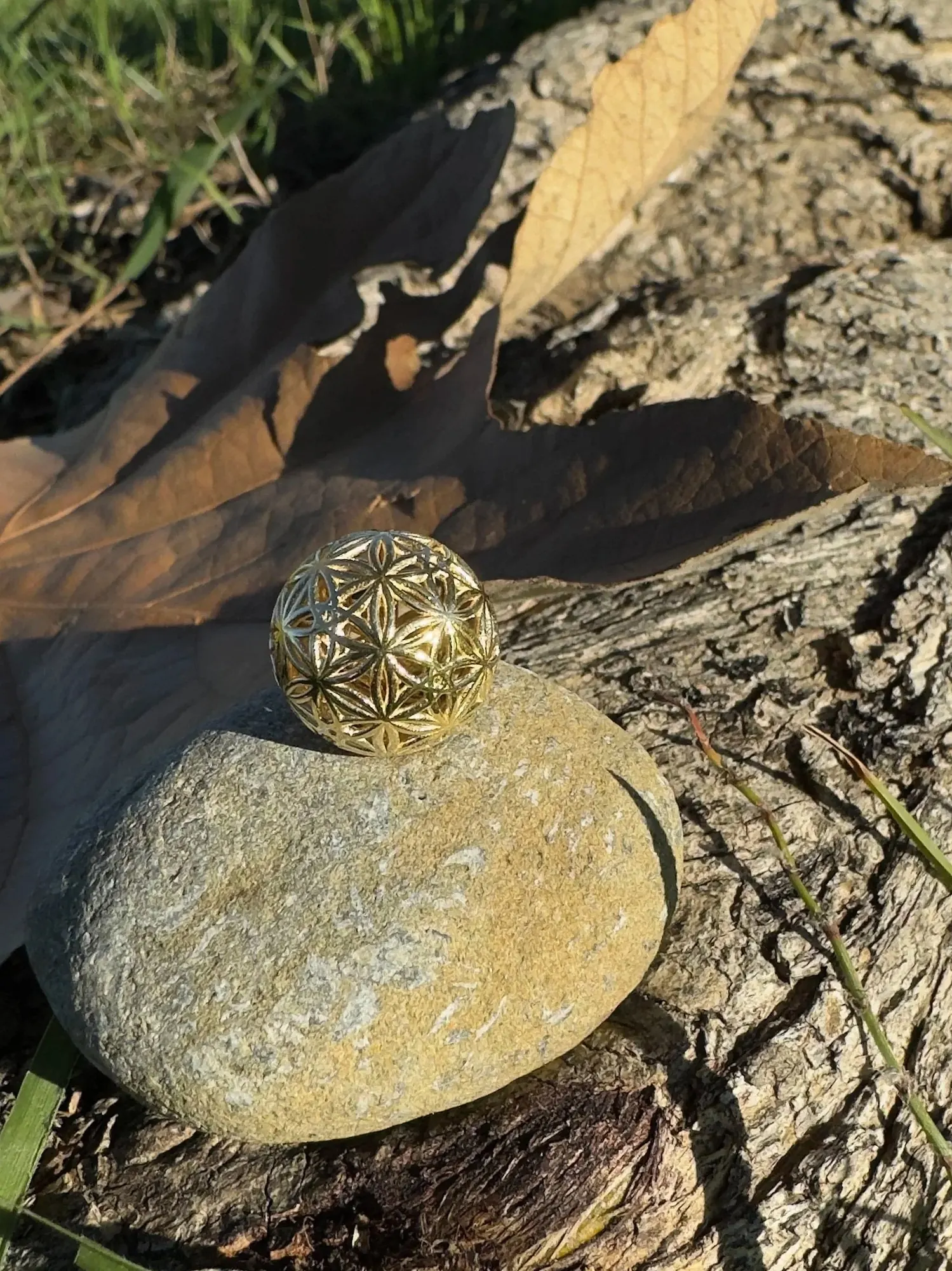 Flowers of Life Sphyr gold pendant on a rock among grass and leaves