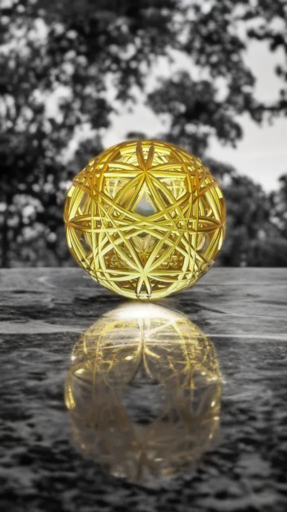 Flowers of Life variation: a gold sphere of compressed toroidal rings on a reflective surface with trees behind
