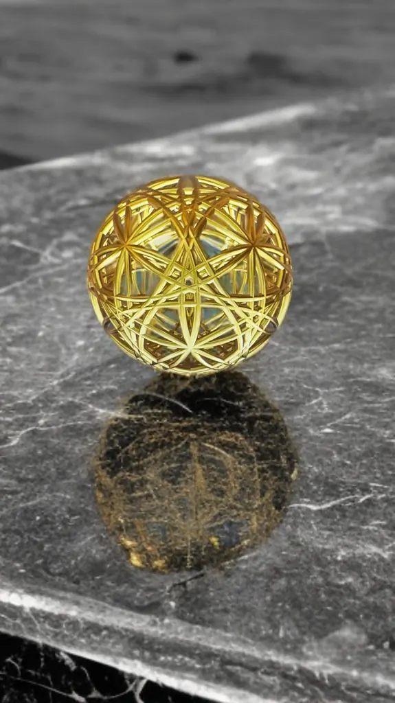 Flowers of Life variation gold sphere on gray marble