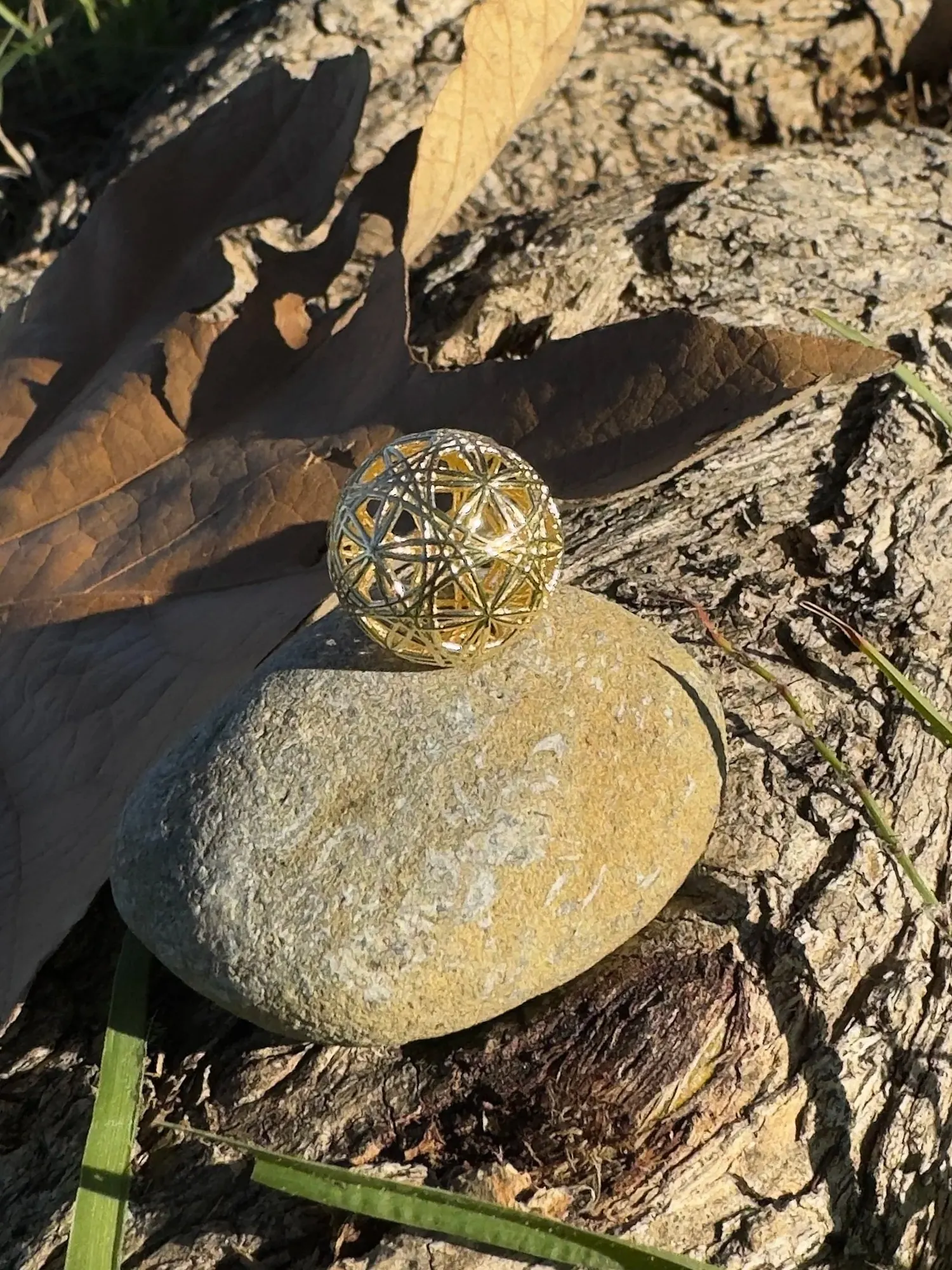 Flowers of Life variation gold pendant on a stone beside a dry leaf
