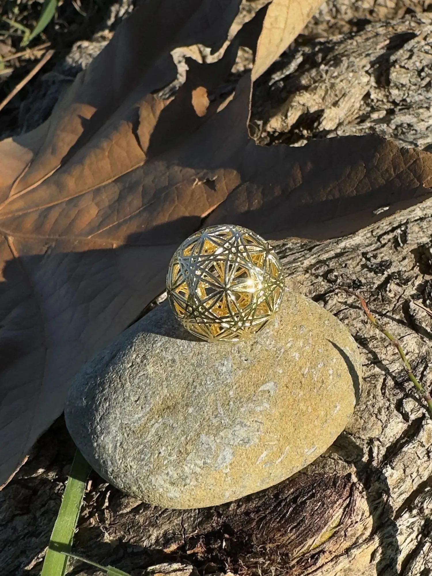 Flowers of Life variation gold pendant in sunlight on a rock