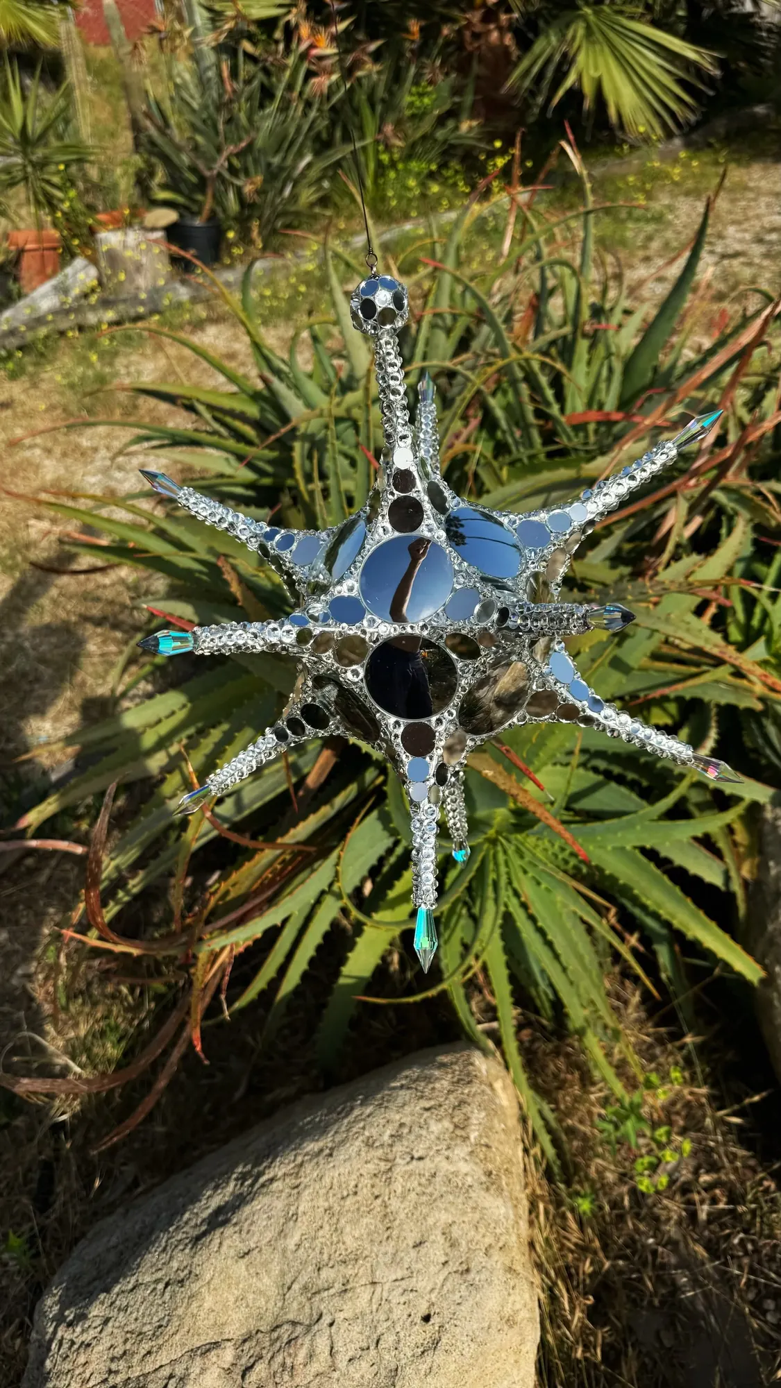 Metatron Reflections mirrored star sculpture resting among agave leaves