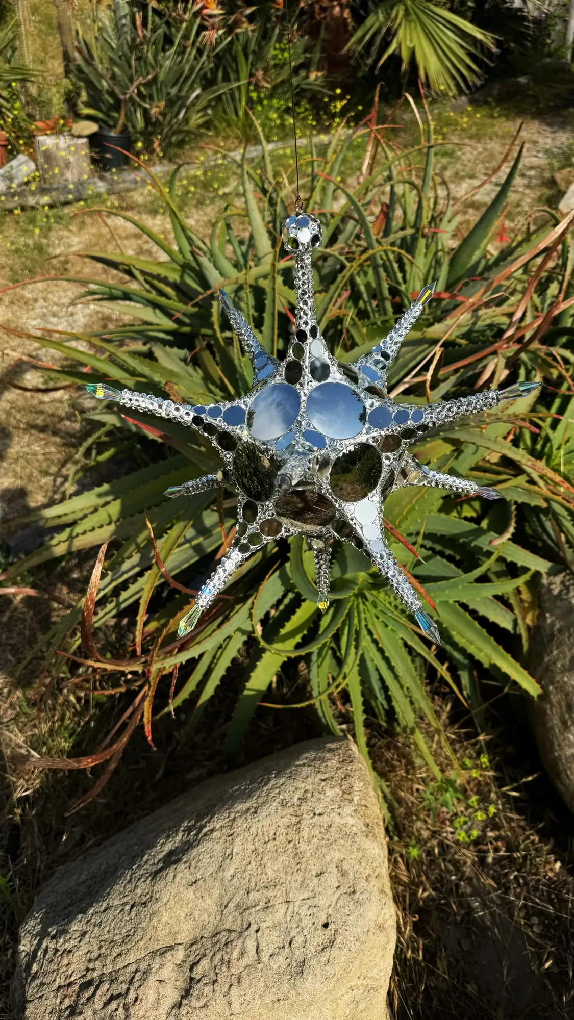 Metatron Reflections mirrored star sculpture on a rock among spiky plants
