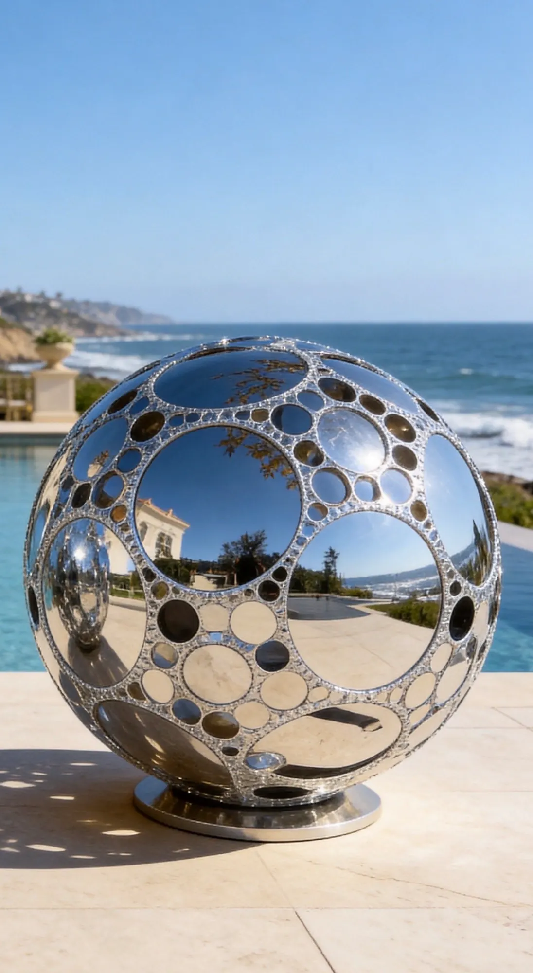 MirrorSphyr: a large mirrored sphere of interlocking circles on a round base, shown on a stone terrace above the ocean