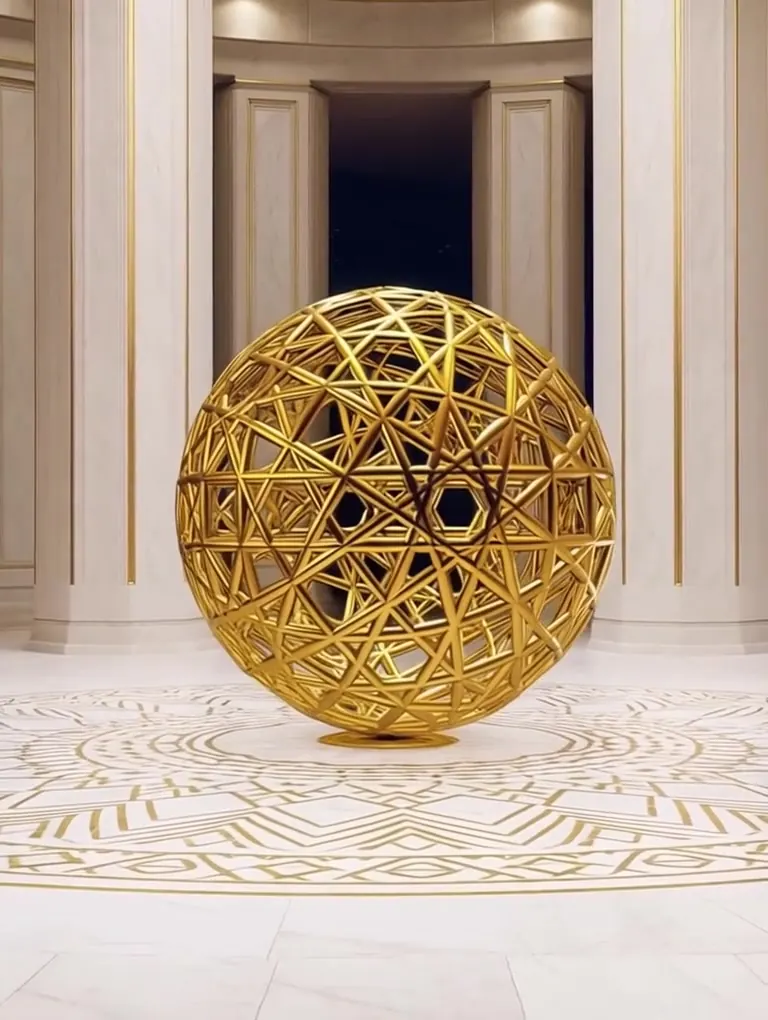 Concept study: a large gold geometric sphere resting on a patterned floor between classical columns