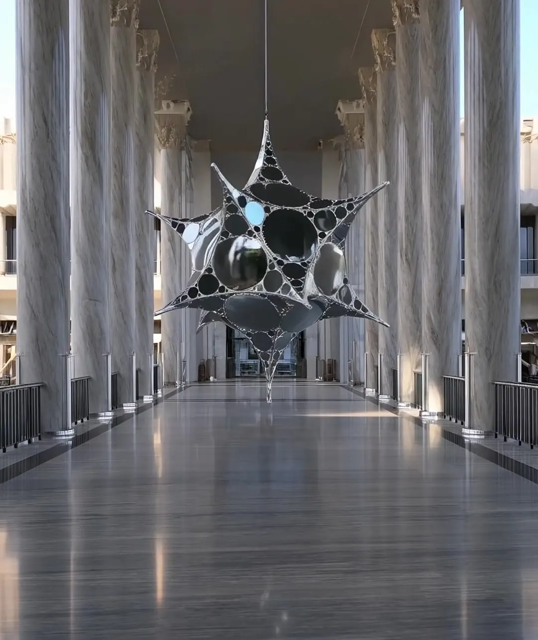 Concept study: a mirrored star form suspended in a long daylit colonnade