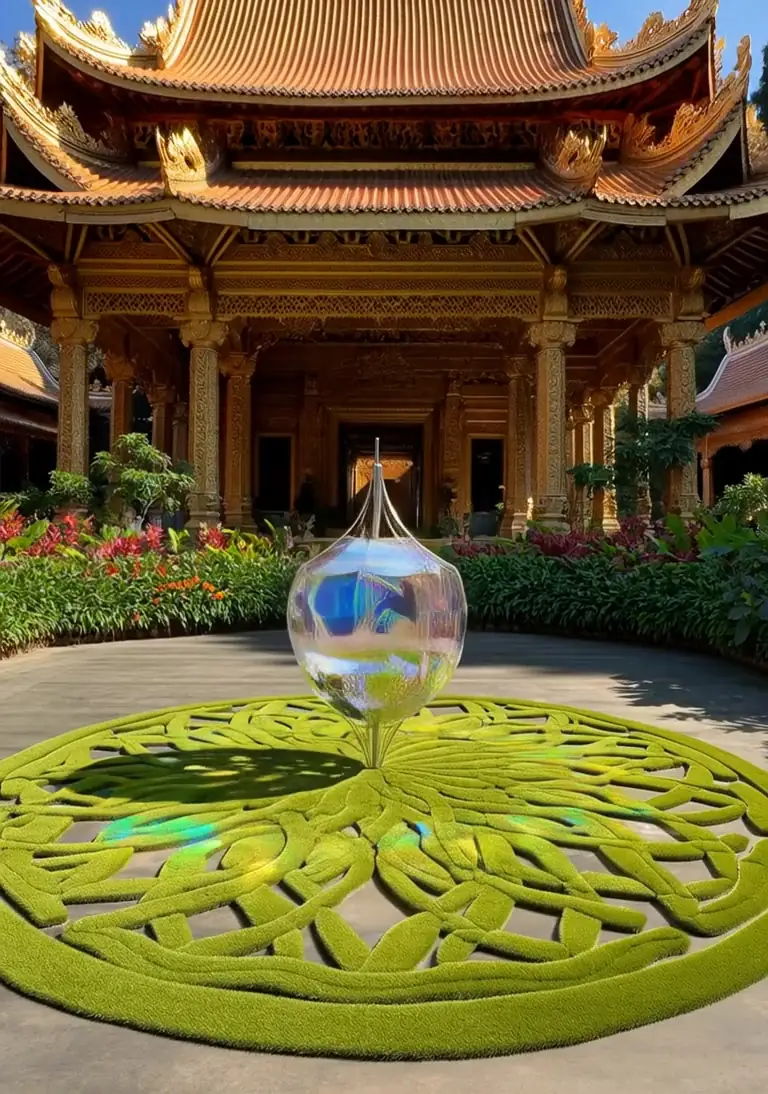 Concept study: a mirrored form on a circular garden mandala in front of a temple pavilion