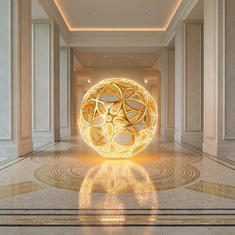 Concept study: a glowing gold openwork sphere suspended in a bright marble hotel corridor