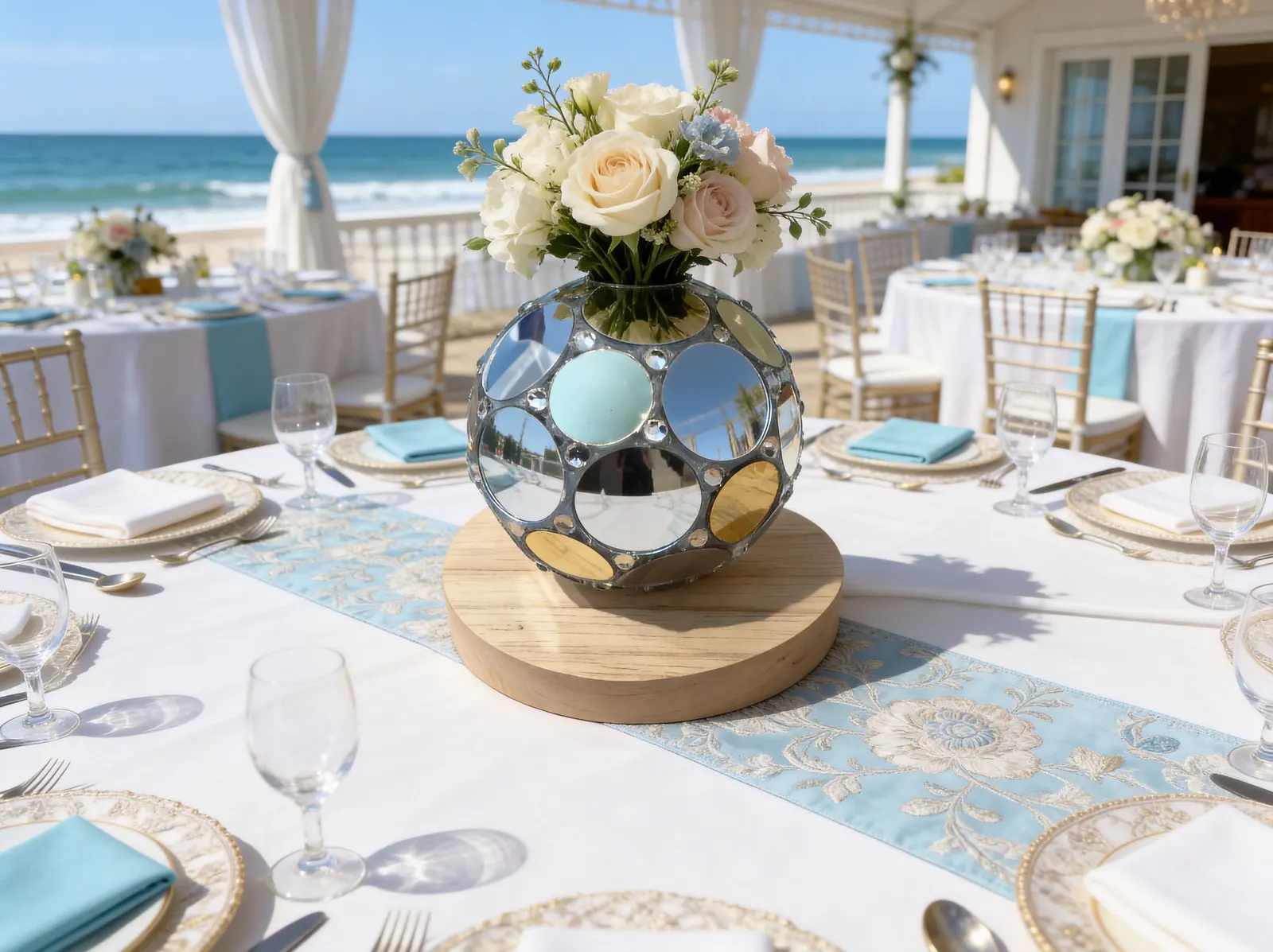 A mirrored MirrorSphyr centerpiece holding white roses on a wooden riser at a set reception table