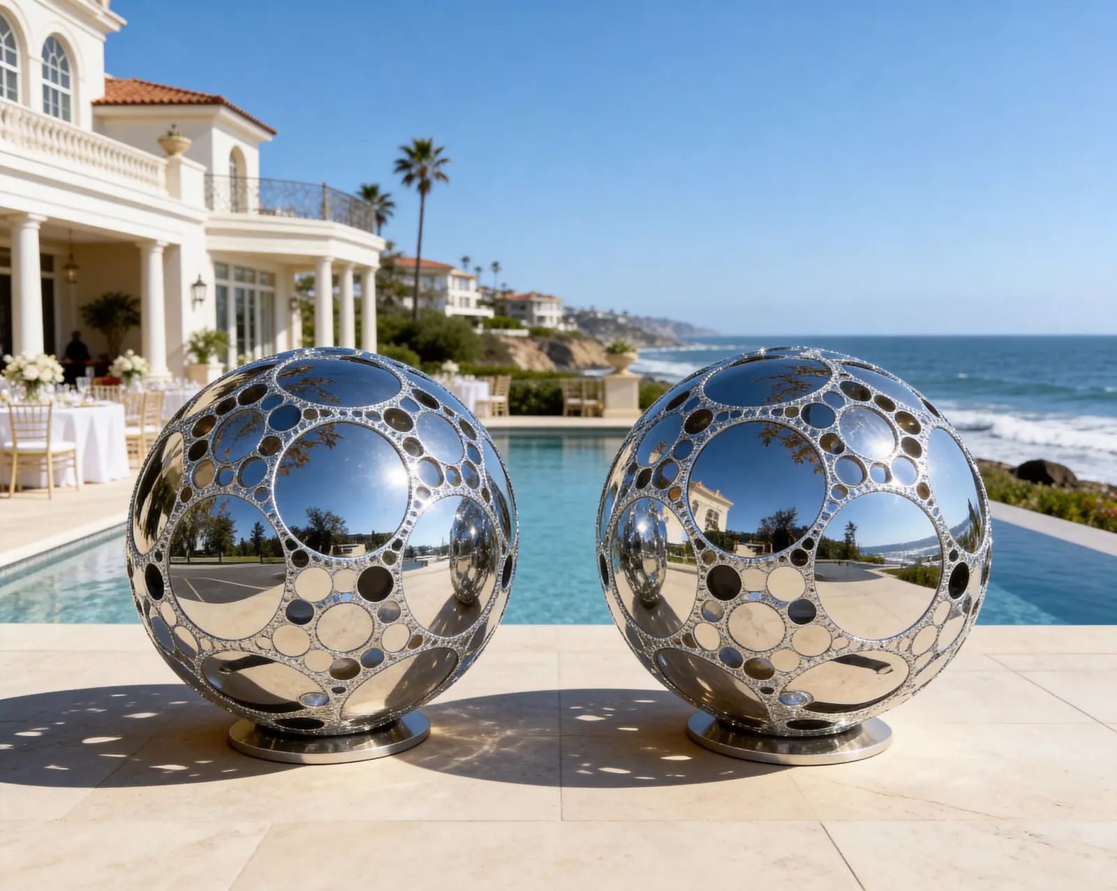 Two mirrored MirrorSphyr spheres on a stone terrace beside a pool, with the ocean behind them