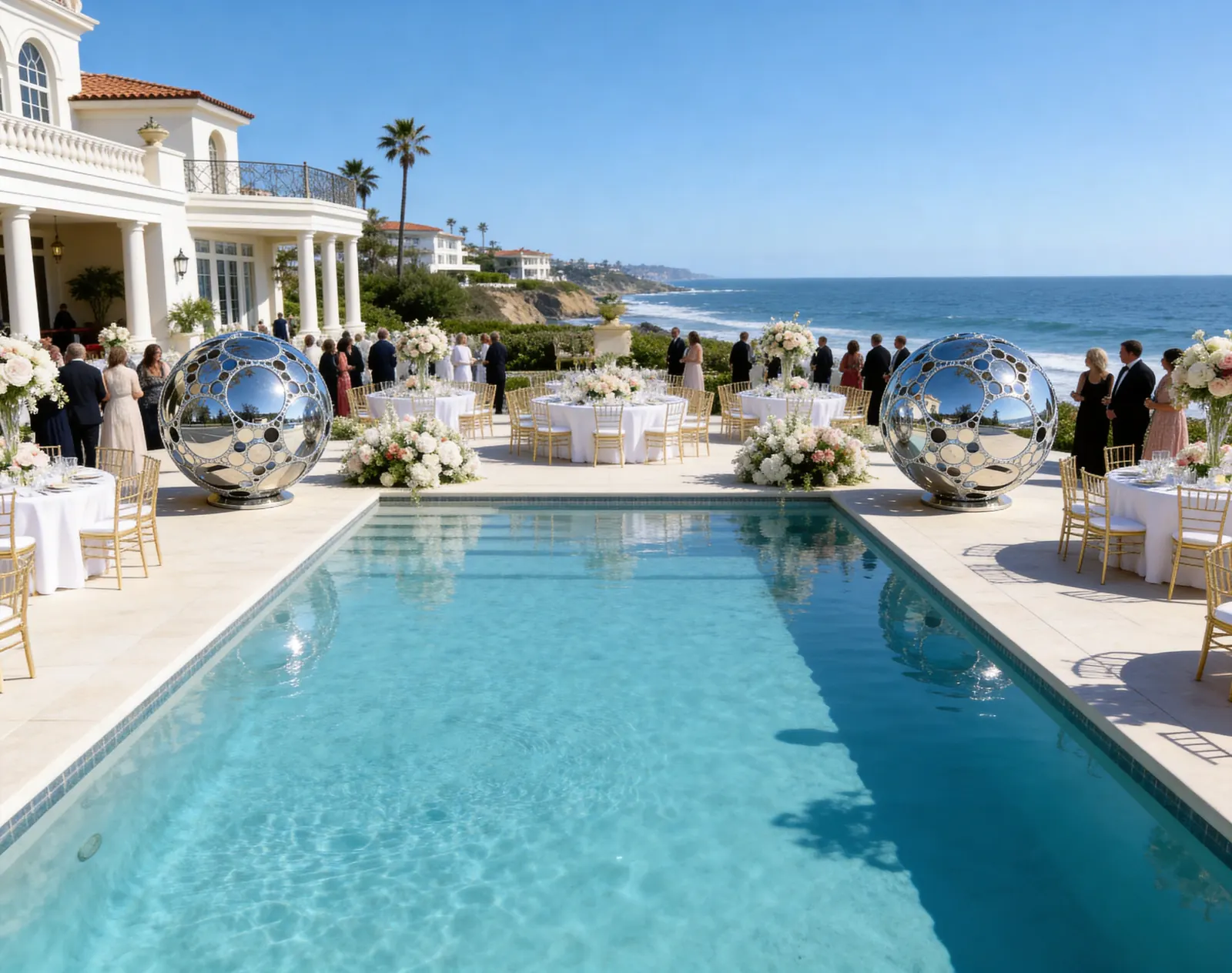Mirrored spheres placed along a pool at an oceanfront wedding reception, with set tables and white florals