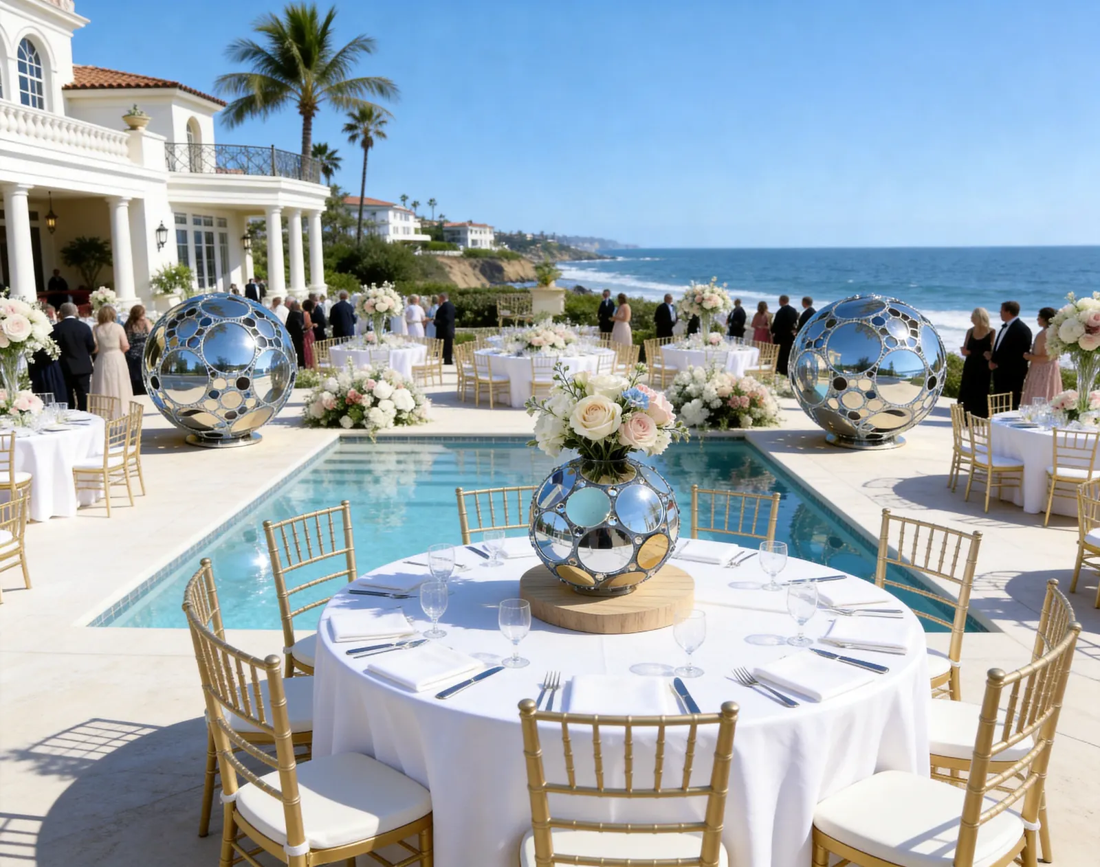 A mirrored centerpiece sphere on a wooden riser at a set reception table, with two mirrored spheres flanking a pool and the ocean beyond