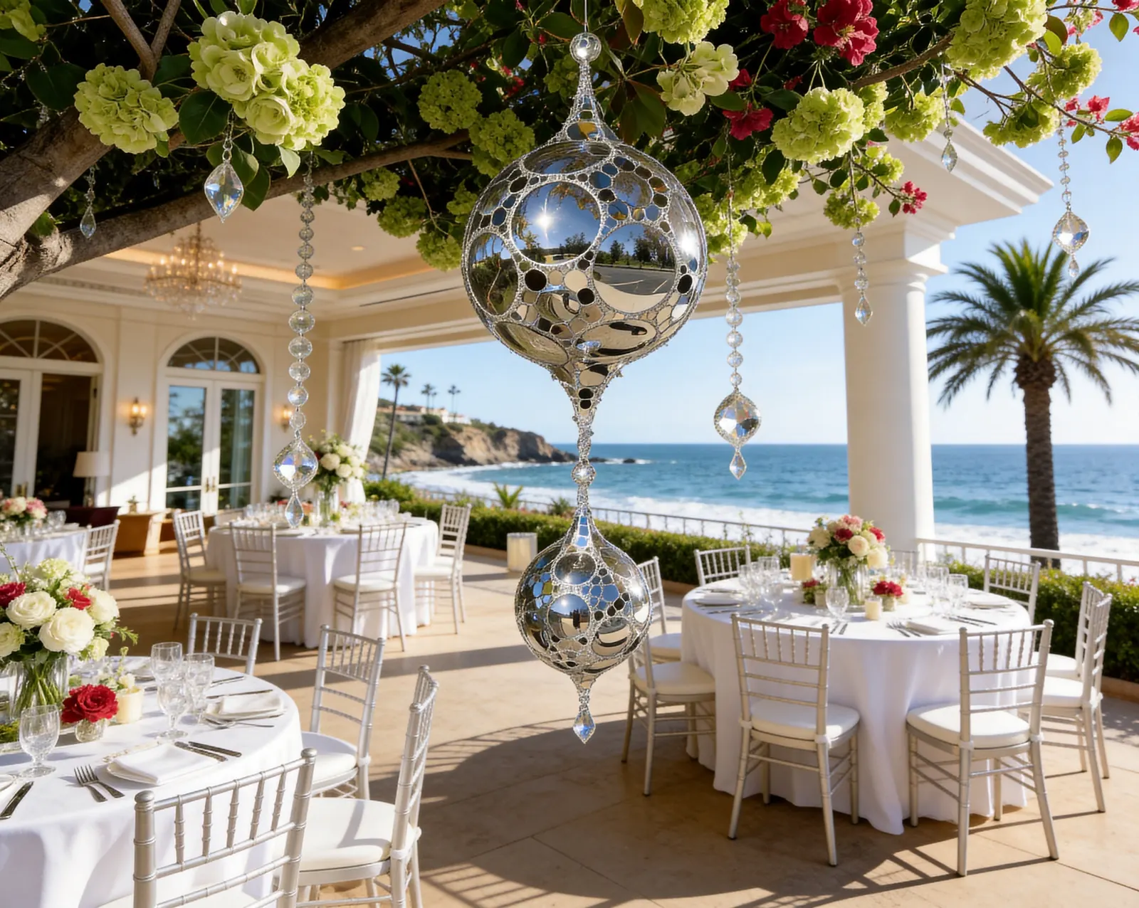 Teardrop DiscoSphyr sculptures suspended from a flower-covered pergola above reception tables facing the ocean
